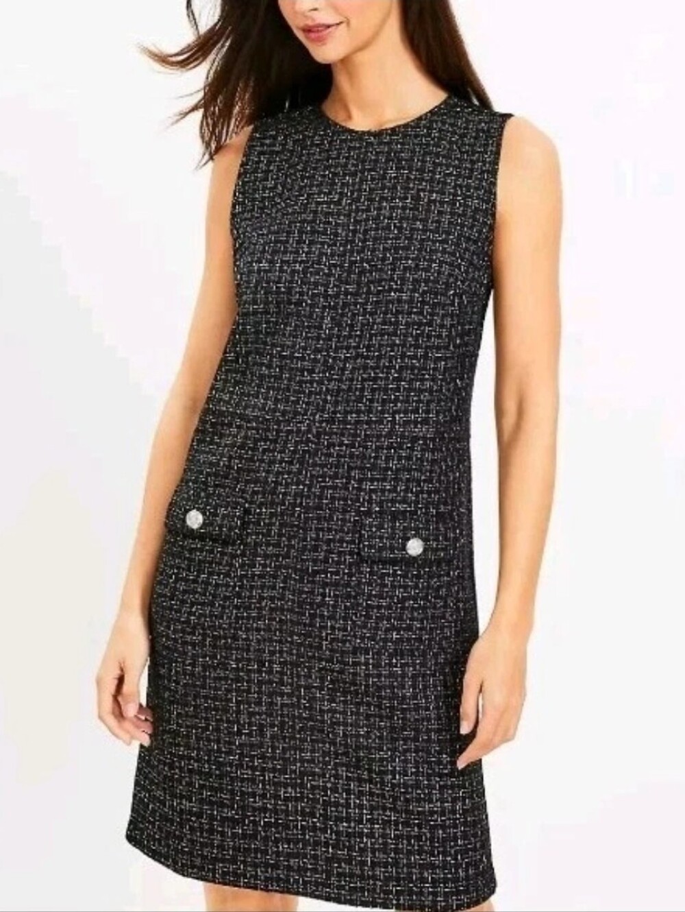New Loft Metallic Tweed Button Pocket Dress Sz 2 Black Shift Classic Preppy Chic